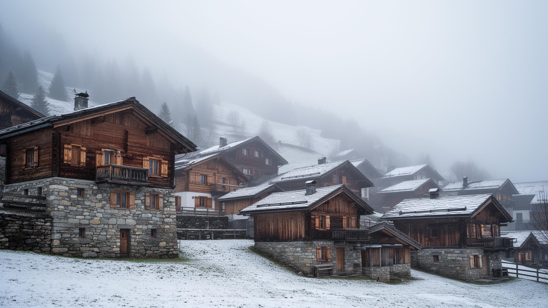 Village du Haut-Jura avec maisons en pierre sous la neige