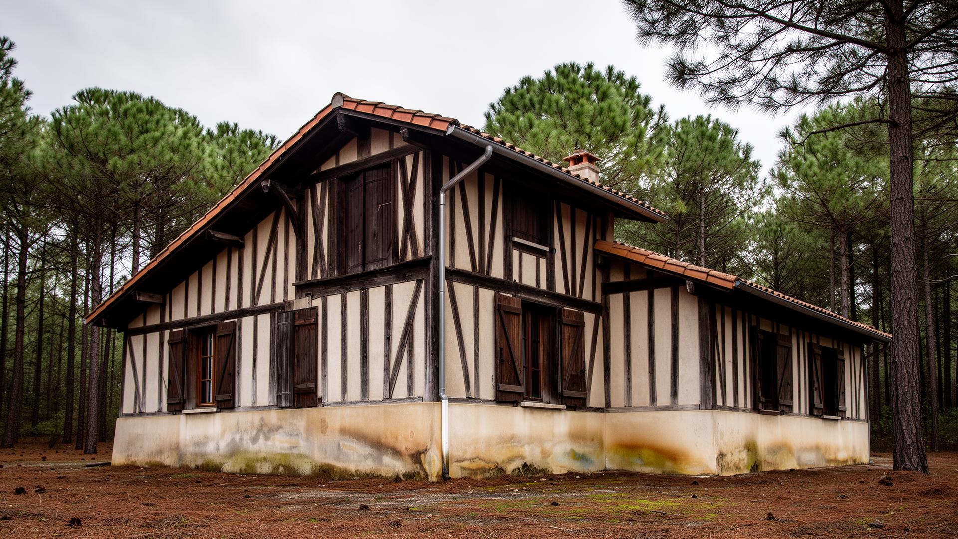Maison landaise traditionnelle à ossature bois dans la forêt des Landes