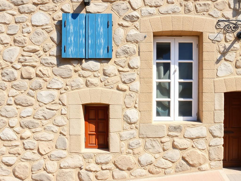 Façade de maison corse en pierre sur le littoral exposée aux embruns marins