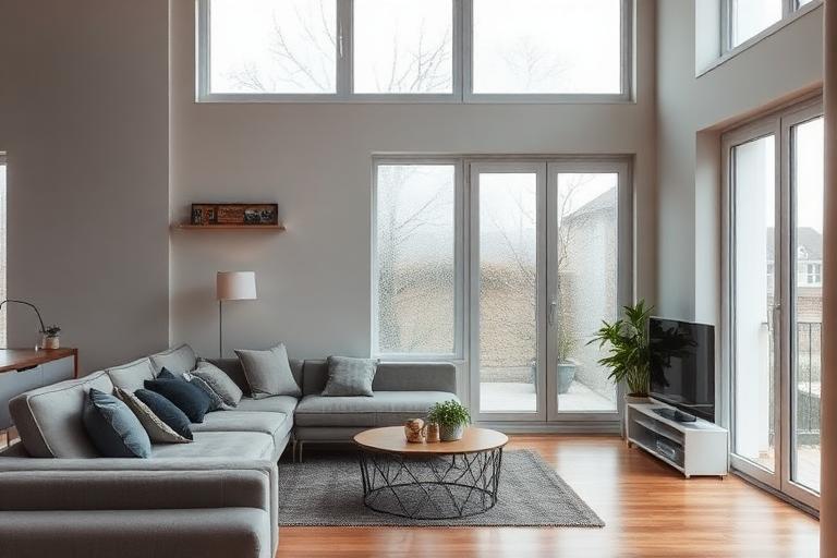 Intérieur de logement moderne très isolé avec double vitrage et condensation visible, manque de ventilation
