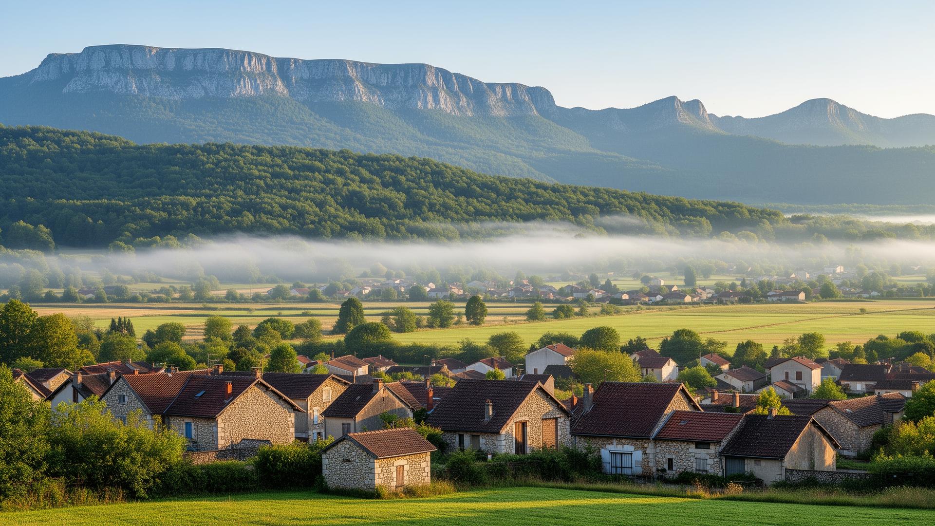 Paysage de la Loire avec le massif du Pilat et les maisons traditionnelles en pierre, brume matinale dans la vallée