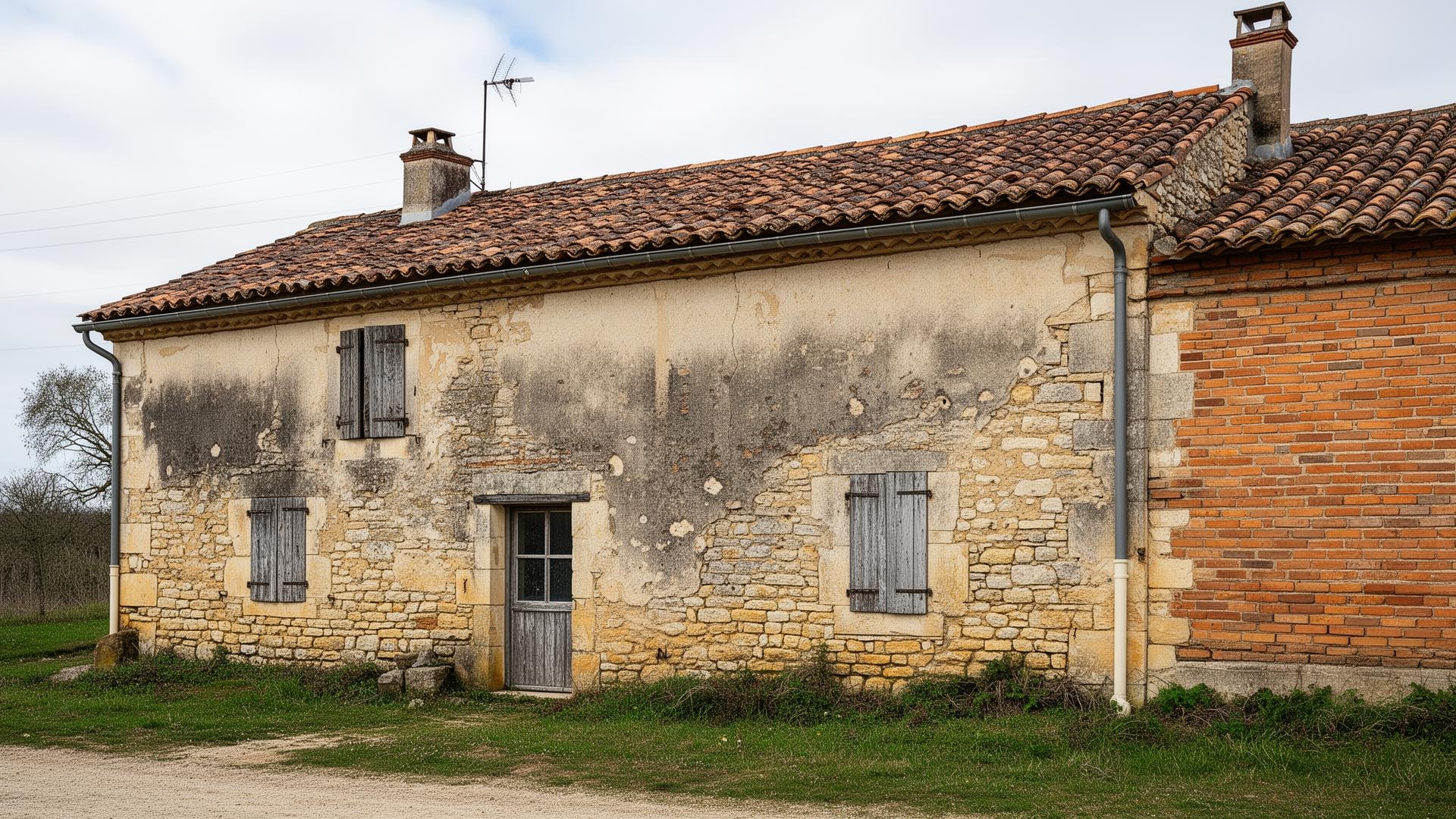 Ferme traditionnelle du Lot-et-Garonne partiellement rénovée avec traces d'humidité sur les murs en pierre
