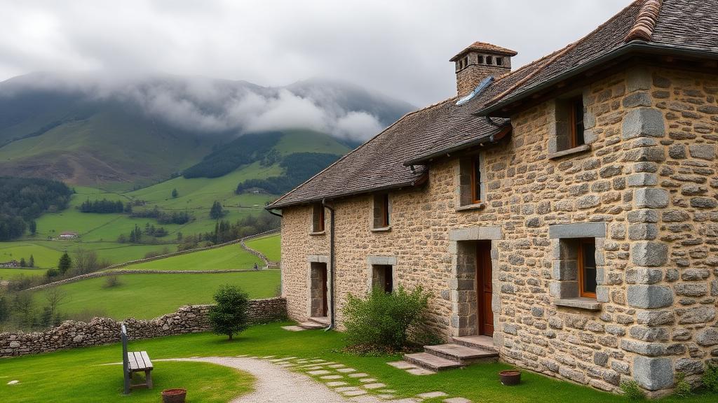 Maison lozérienne en granite dans un paysage montagnard
