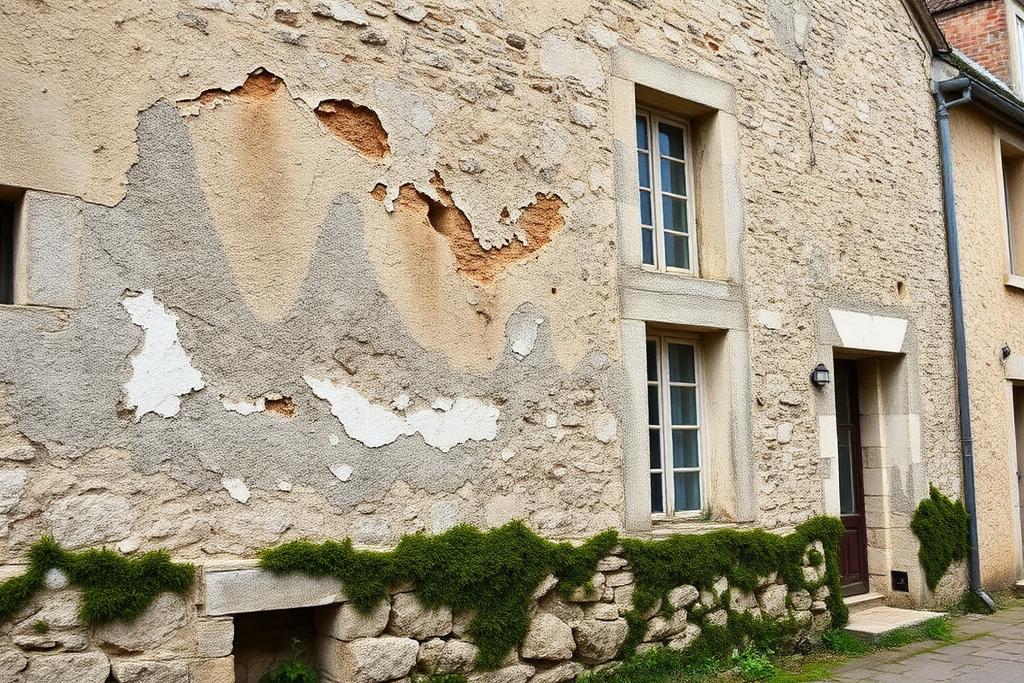 Façade de maison ancienne en pierre avec enduit décollé, remontées capillaires et mousse en pied de mur