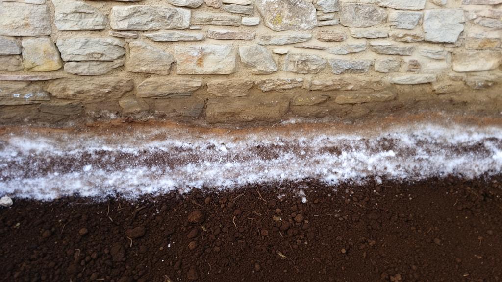 Maison ancienne avec fondations en contact direct avec le sol, montrant des remontées capillaires en pied de mur