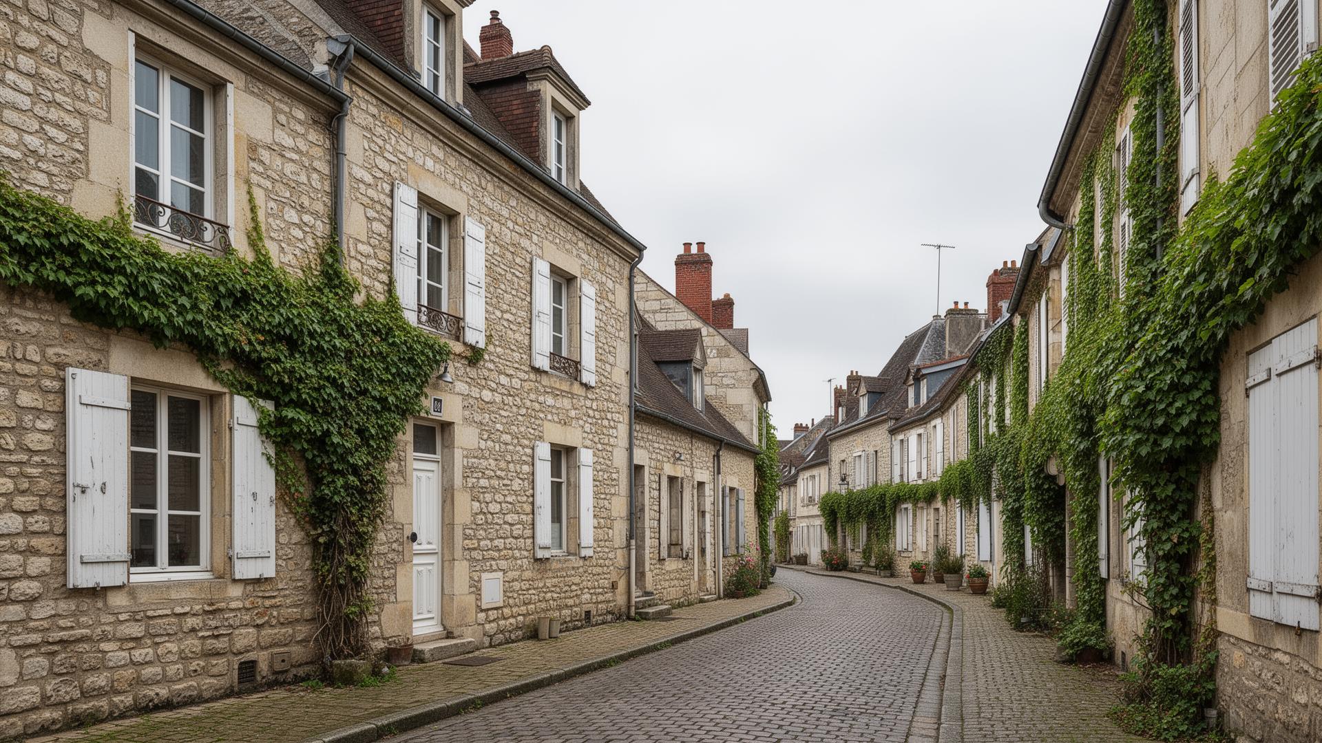 Rue résidentielle avec maisons en pierre calcaire à Meaux