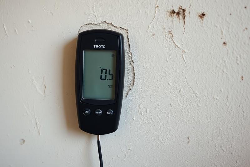 Humidimètre à pointes mesurant le taux d'humidité d'un mur intérieur en plâtre — diagnostic humidité