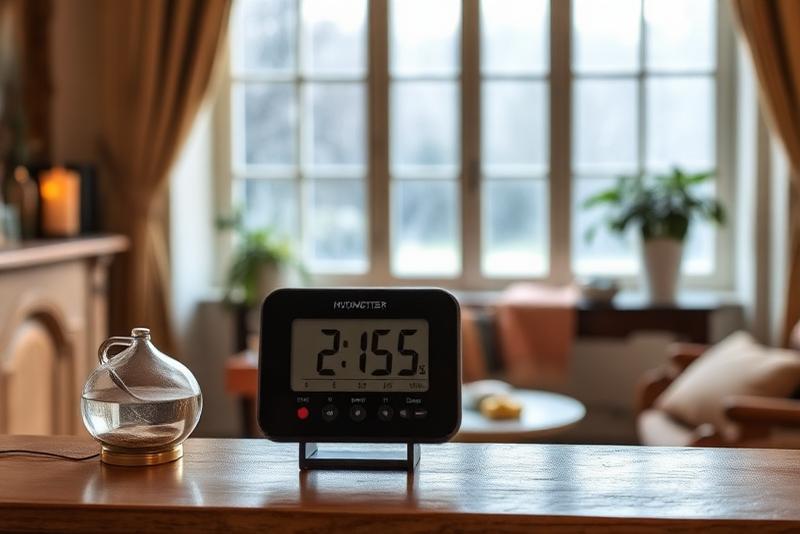 Hygromètre numérique posé sur un meuble dans un salon français pour mesurer l'humidité ambiante