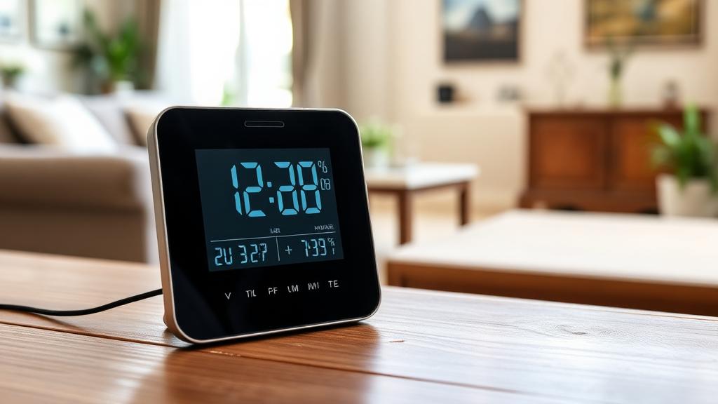 Hygromètre numérique affichant le taux d'humidité et la température dans un salon