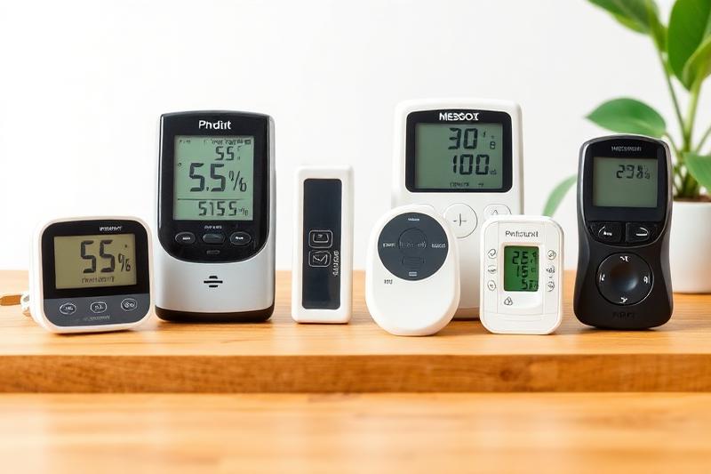 Différents appareils de mesure de qualité de l'air intérieur : hygromètre, capteur CO2, détecteur COV