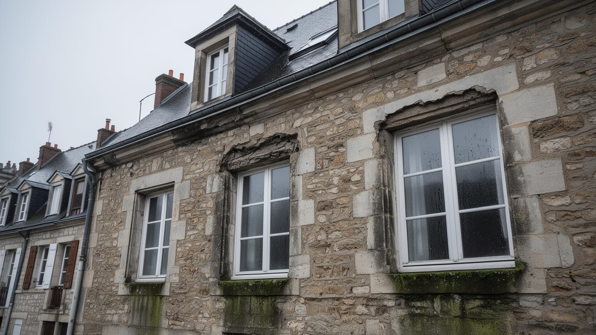 Maison lorraine typique avec traces d'humidité sur façade en pierre