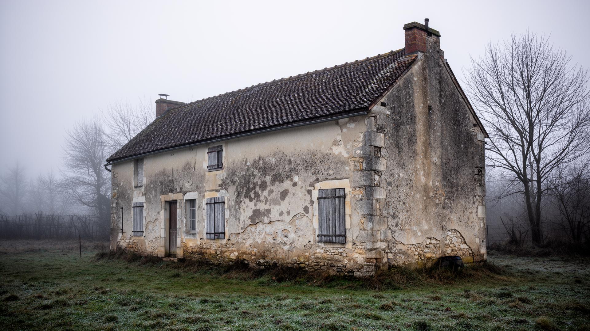 Ferme lorraine ancienne isolée avec traces d'humidité, paysage rural de la Meuse
