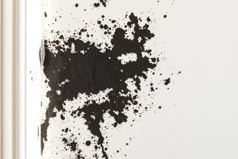 Moisissures noires sur un mur intérieur blanc, taches sombres caractéristiques d'un problème d'humidité chronique