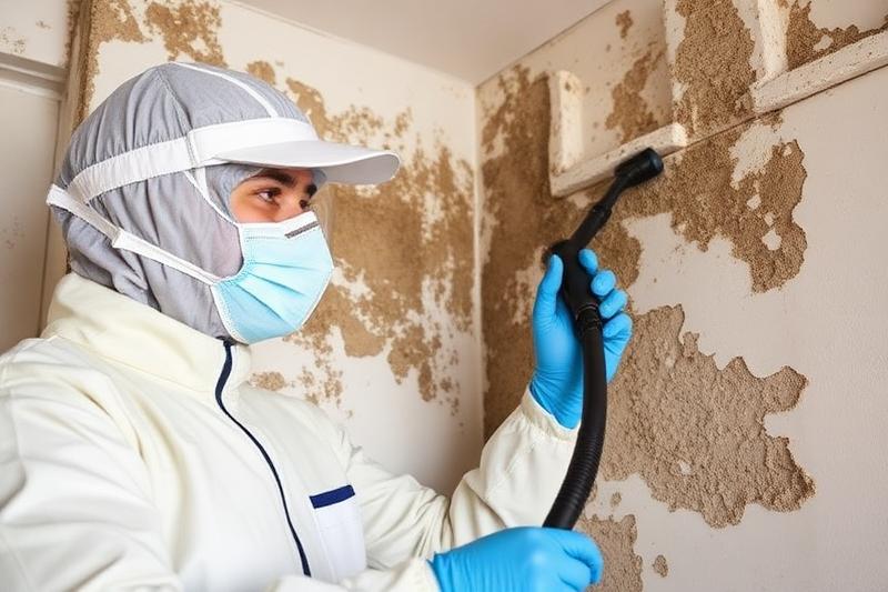 Professionnel en tenue de protection nettoyant des moisissures sur un mur avec un équipement spécialisé