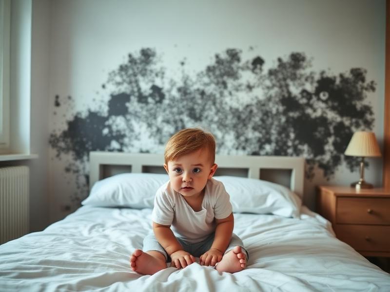Jeune enfant dans une chambre avec des taches de moisissures noires sur le mur — risque sanitaire majeur
