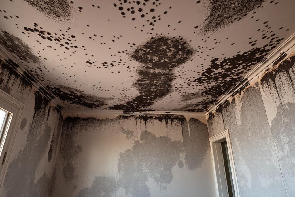 Plafond et murs d'un logement envahis par des moisissures noires étendues, risque sanitaire majeur