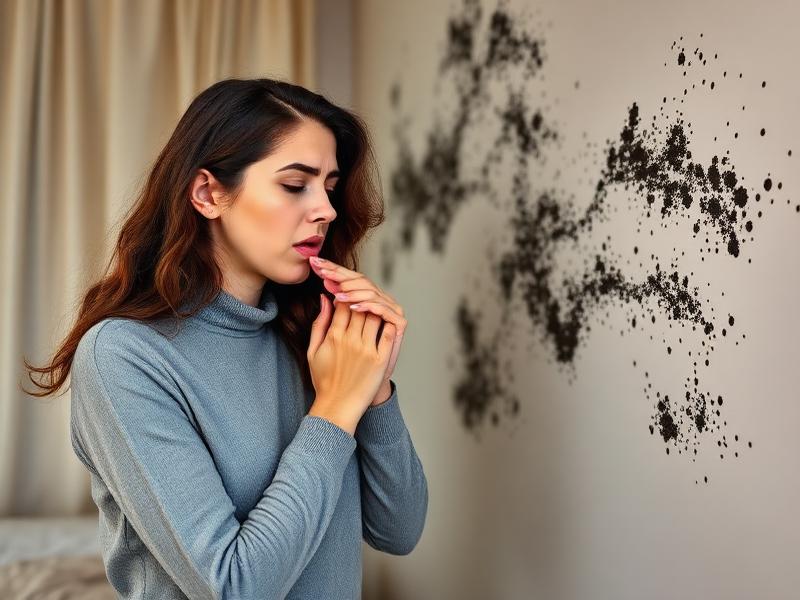 Femme présentant des symptômes respiratoires (toux) devant un mur couvert de moisissures noires