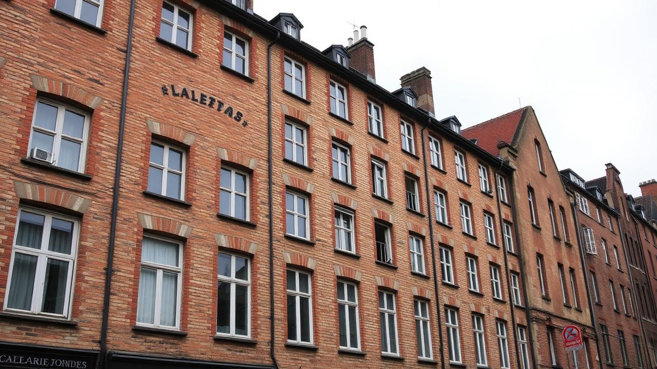 Immeuble collectif ancien en brique dans une cité ouvrière de Moselle avec traces d'humidité