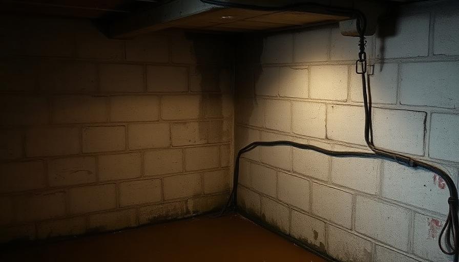 Mur de cave avec traces d'humidité visibles sur les parpaings