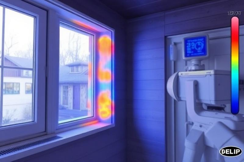Vue thermographique d'un mur montrant un pont thermique froid autour d'une fenêtre, zones bleues indiquant les déperditions