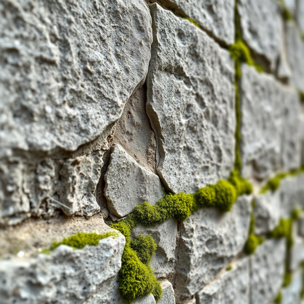 Mur en granite breton avec traces d'humidité et mousse dans les joints