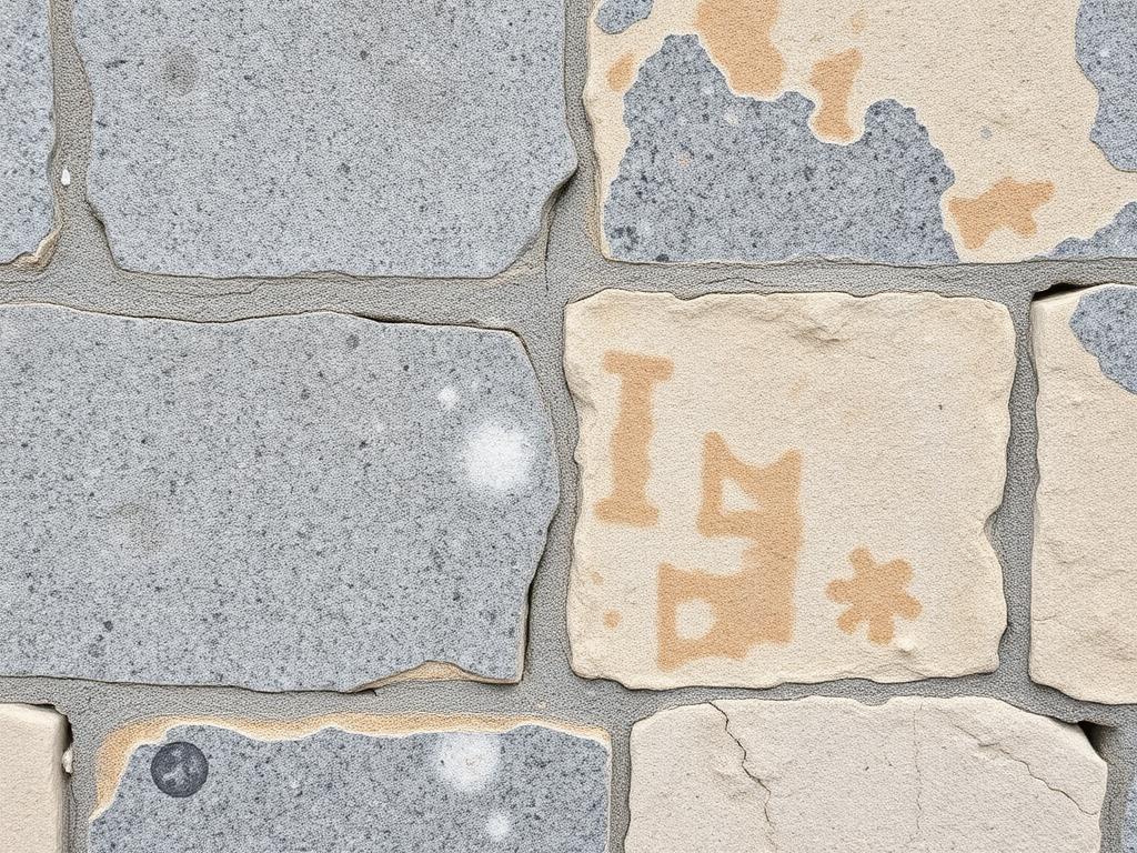 Détail d'un mur en granite corse avec joints à la chaux et traces d'humidité