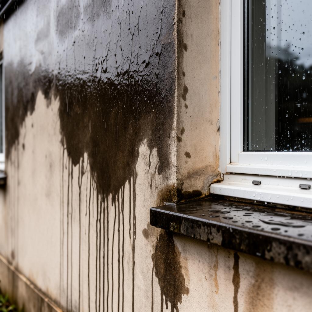 Mur extérieur humide après la pluie avec traces de ruissellement et infiltration