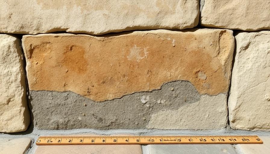 Gros plan sur le bas d'un mur en pierre avec des dépôts de sels minéraux et des efflorescences, avec une règle pour l'échelle