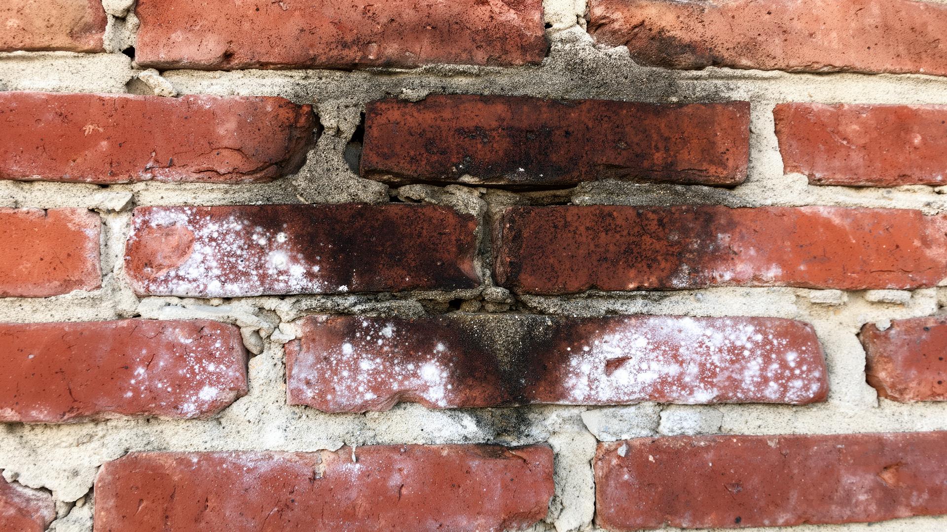 Mur en brique rouge avec traces d'humidité, salpêtre et joints dégradés
