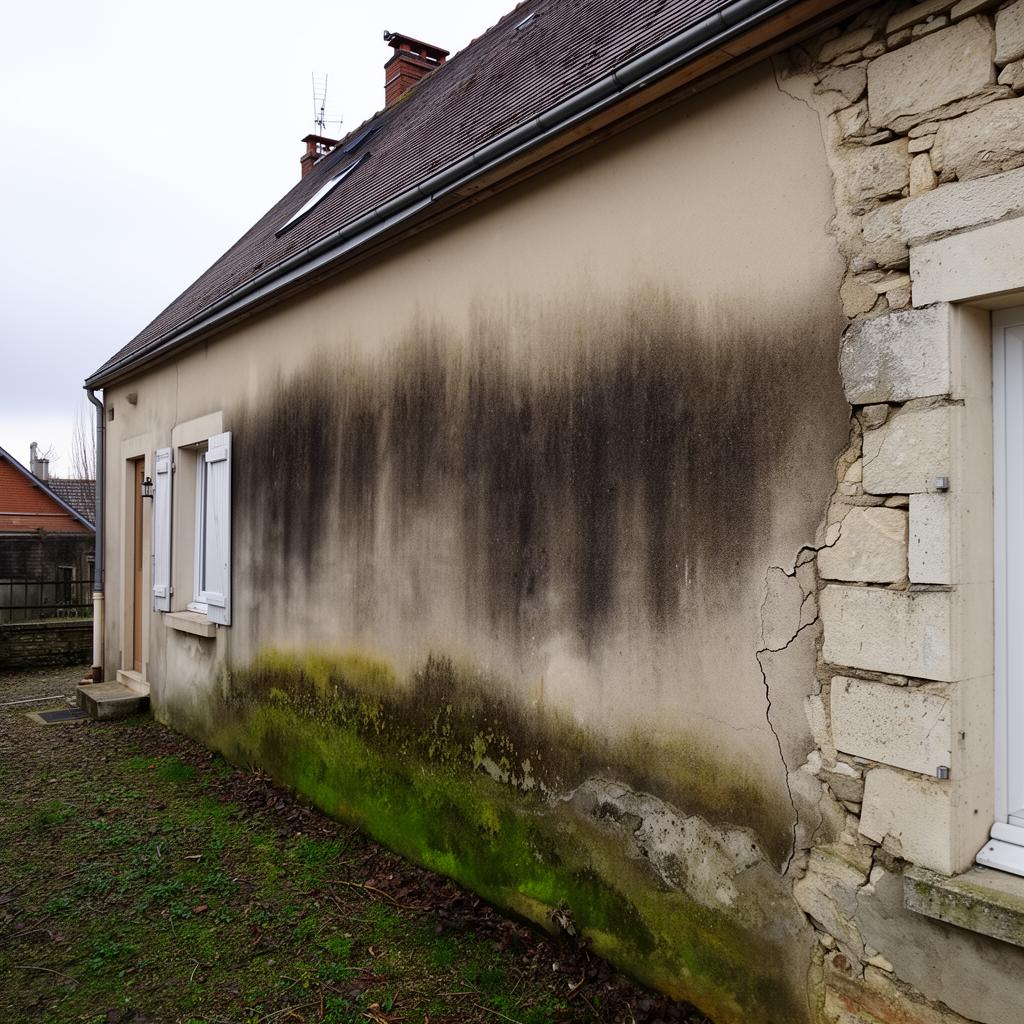 Mur extérieur humide avec traces de mousse, enduit dégradé et fissures sur une façade de maison
