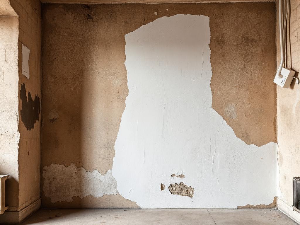 Mur intérieur d'immeuble haussmannien présentant des traces d'humidité et de salpêtre