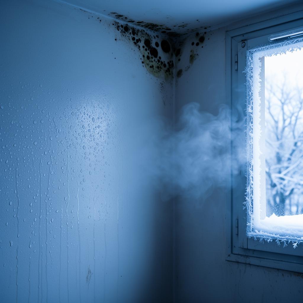 Mur intérieur humide en hiver avec condensation et moisissures dans les angles