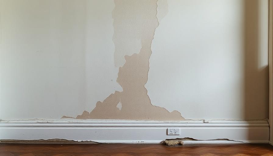 Mur avec peinture cloquée et décollée après un dégât des eaux, plinthe endommagée