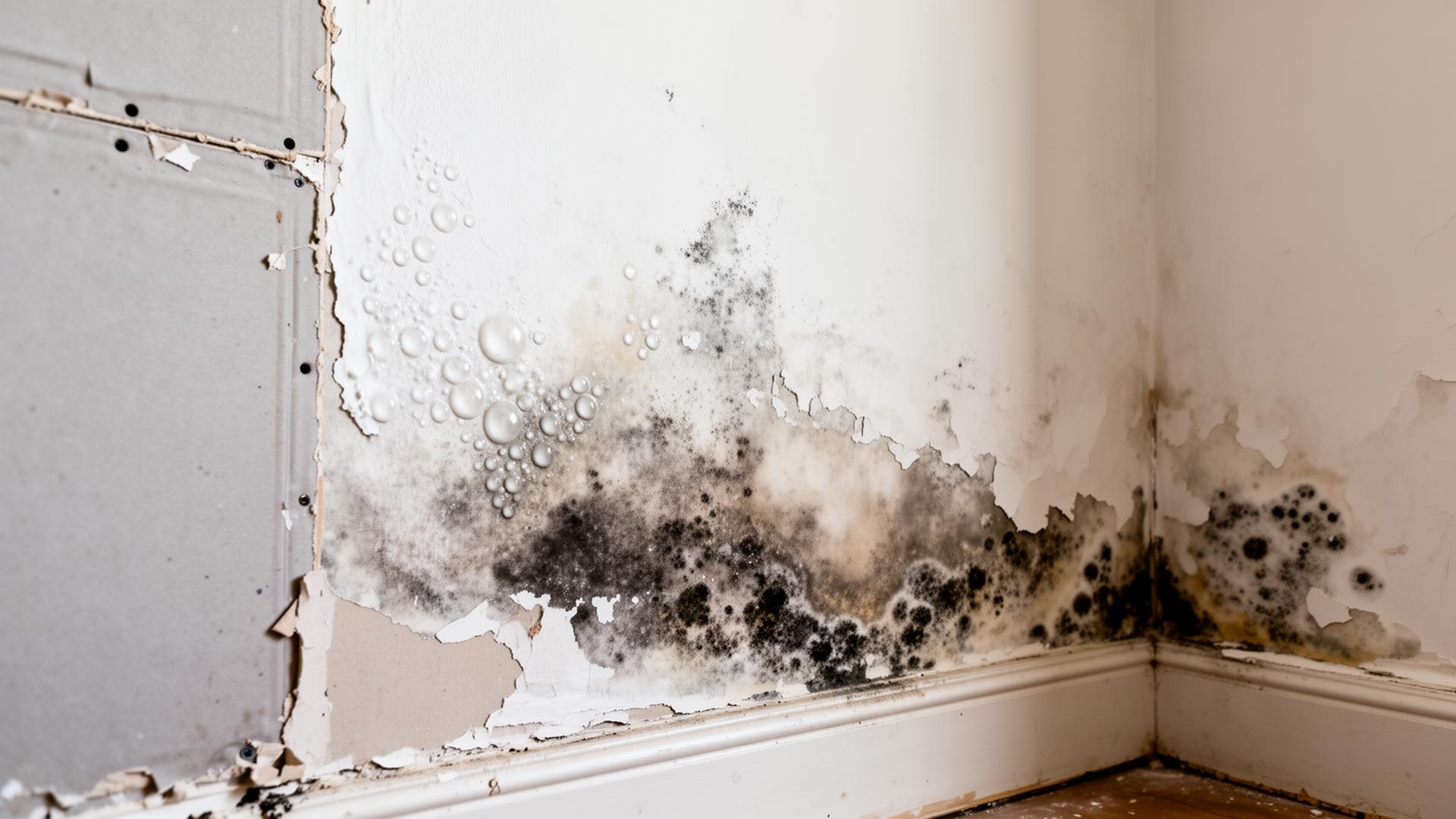 Mur en placo humide avec peinture cloquée, moisissures et dégâts des eaux visibles