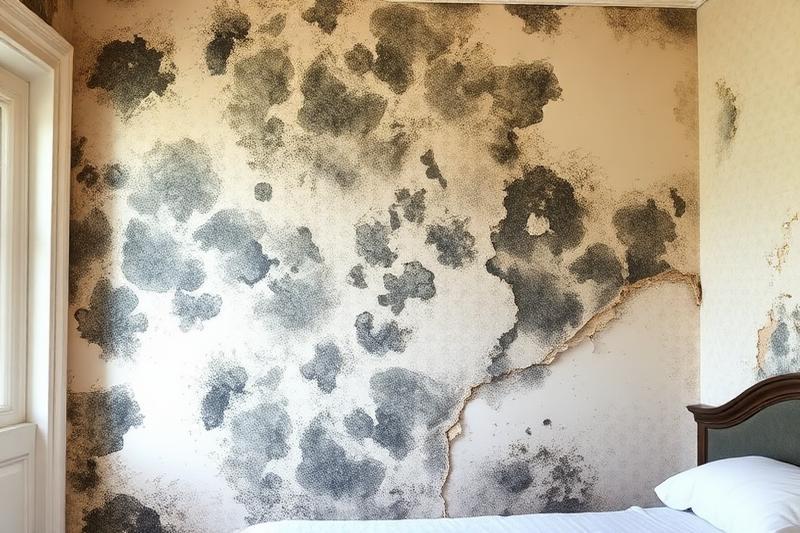 Mur moisi dans une chambre avec des taches noires et vertes de moisissures étendues, papier peint décollé