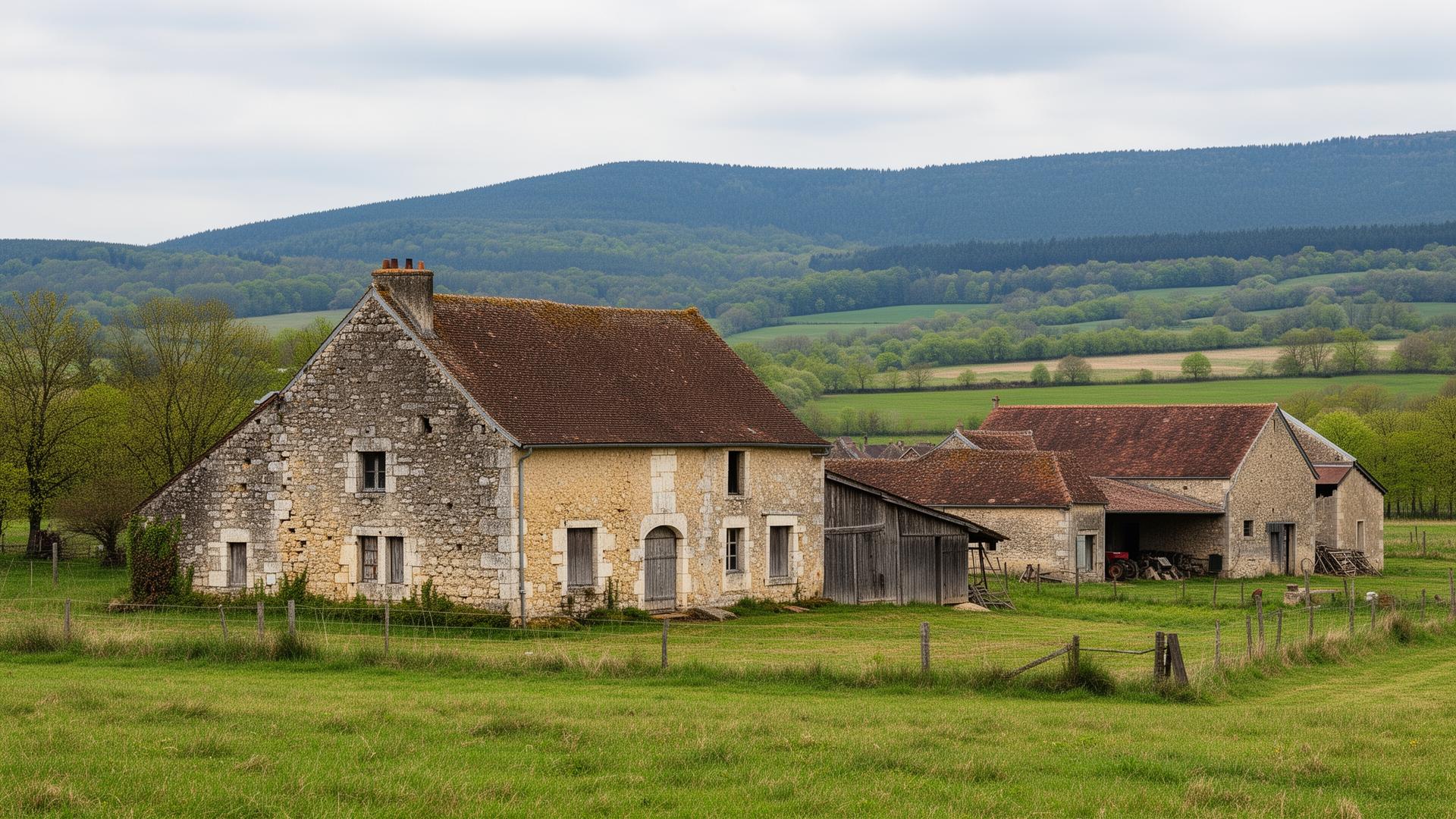 Ferme traditionnelle du Morvan nivernais avec collines boisées