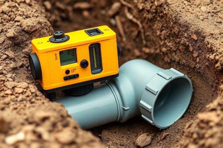 Niveau de mesure vérifiant la pente d'une canalisation enterrée lors de la pose