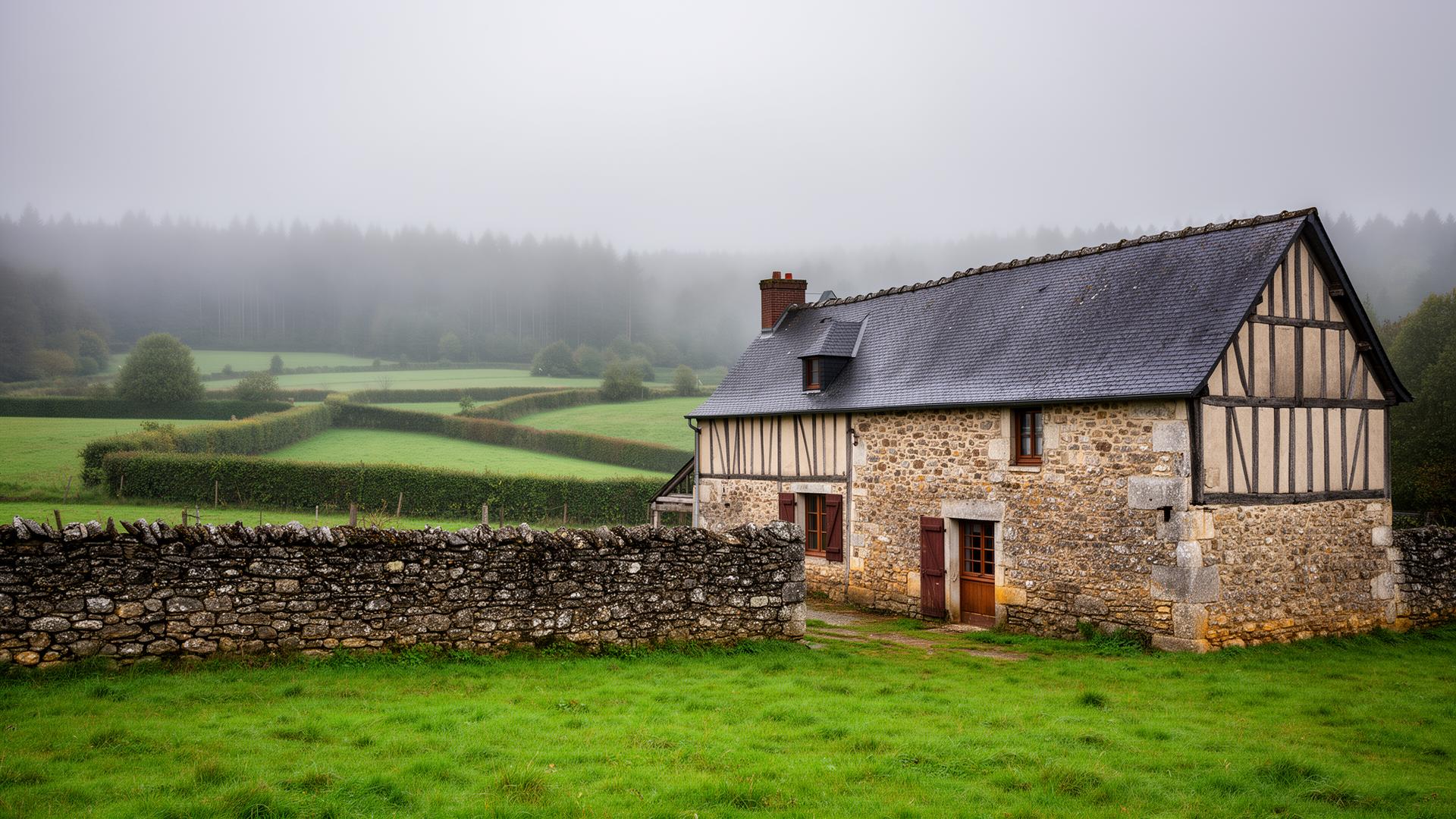 Ferme traditionnelle dans l'Orne avec bocage et forêt