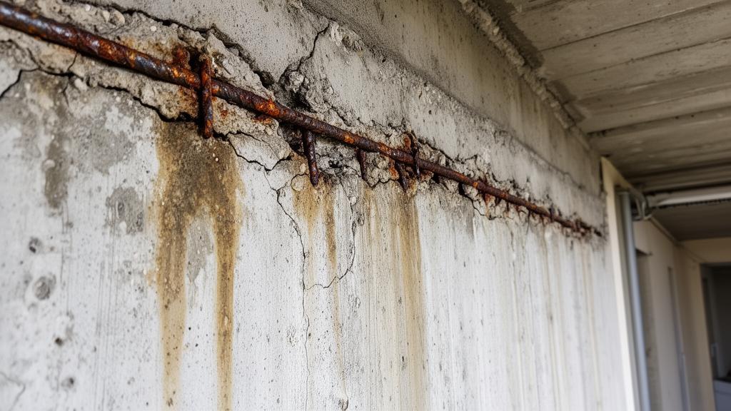 Corrosion des armatures en béton armé avec éclats d'enrobage et traces de rouille, pathologie structurelle liée à l'humidité
