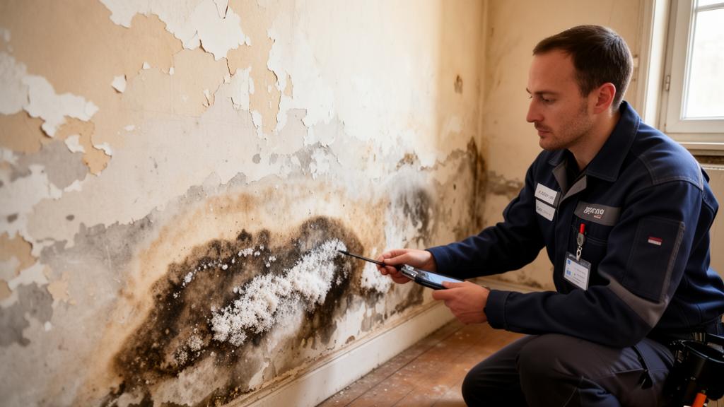 Expert en pathologie du bâtiment inspectant un mur humide avec salpêtre et peinture écaillée dans un logement français