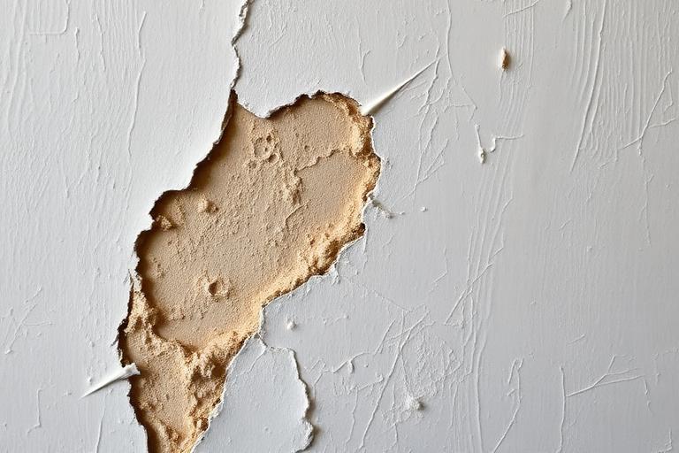 Peinture cloquée et décollée sur un mur humide, révélant l'humidité piégée sous le film de peinture