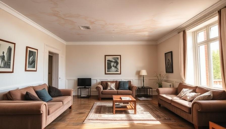 Salon d'un appartement français avec traces de dégât des eaux au plafond et sur les murs