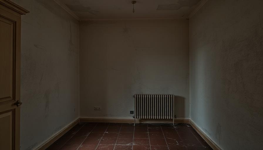 Pièce fermée d'un logement avec traces d'humidité sur les murs, ambiance confinée