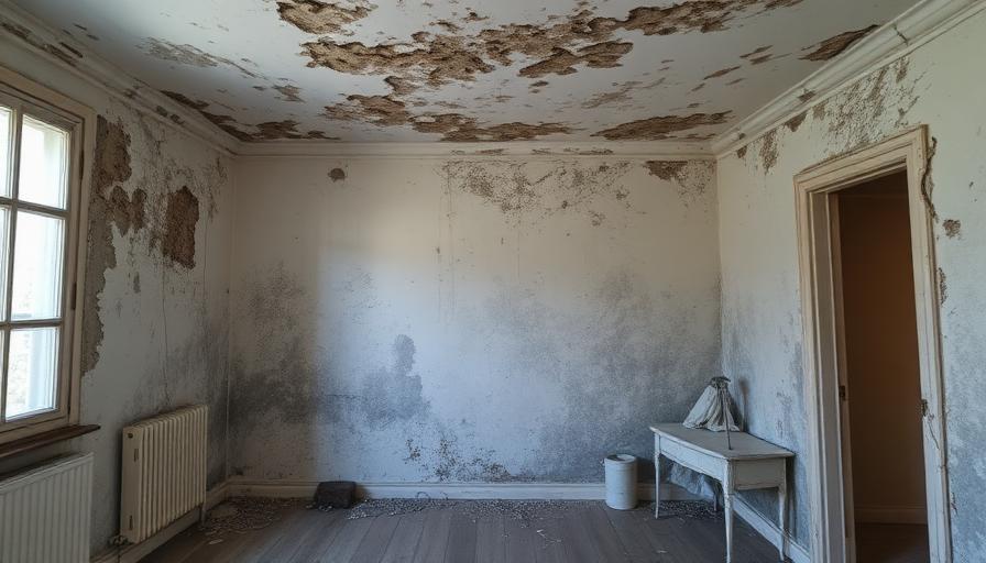 Pièce avec moisissures visibles sur les murs et le plafond