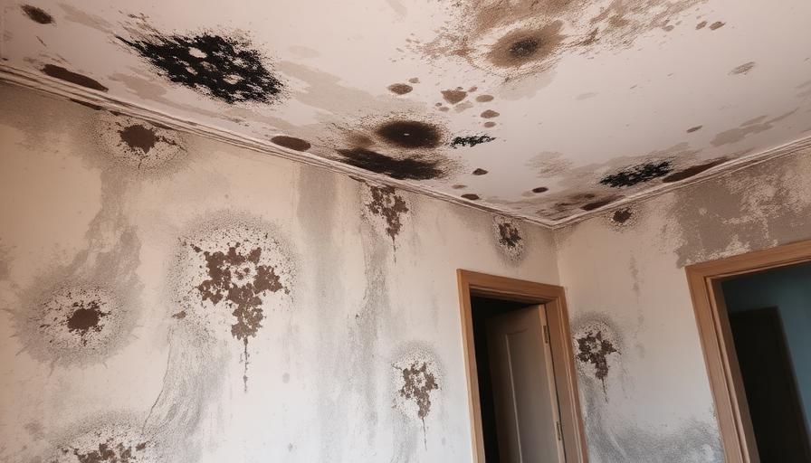 Pièce avec moisissures étendues sur les murs et le plafond, air intérieur dégradé