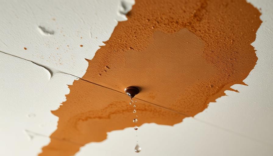 Plafond d'un logement avec tache d'eau brunâtre et goutte d'eau pendant après une fuite