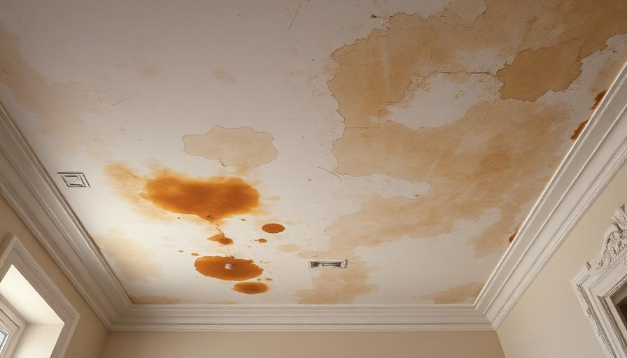 Plafond d'un logement taché par l'humidité avec auréoles brunes