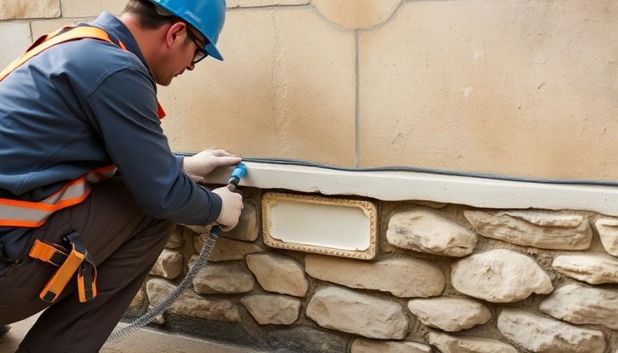 Technicien appliquant un traitement d'étanchéité sur la base d'un mur en pierre d'une maison ancienne