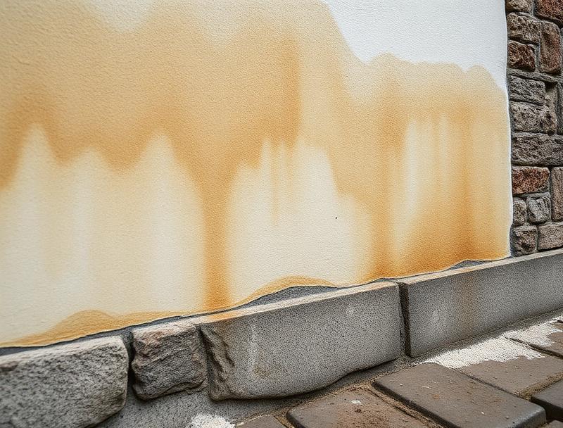 Remontées capillaires visibles en partie basse d'un mur de maison — salpêtre et dégradation de l'enduit