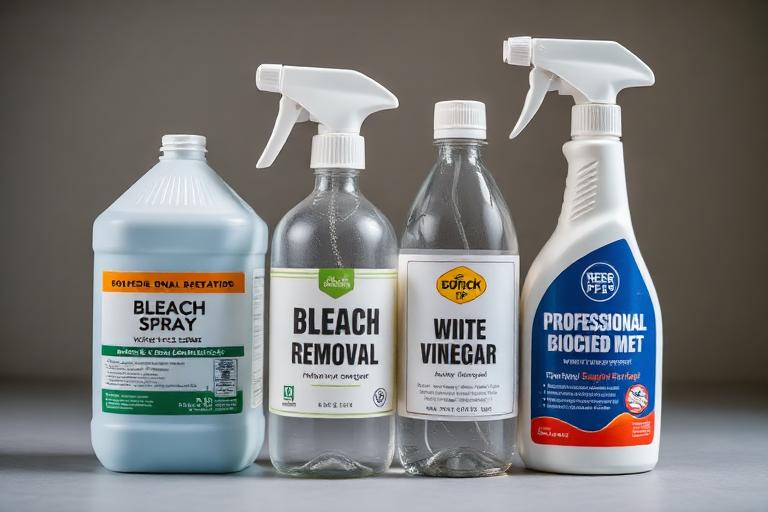 Produits de nettoyage anti-moisissures : vinaigre blanc, spray fongicide et gants de protection
